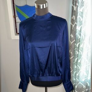 Express NWT Large Satin Mock Neck Tie Open Back Top in Navy